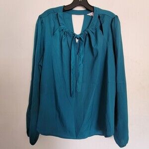 Nanette Lepore Teal Blue Long Sleeve Tie Front Keyhole Back Blouse Top Size XL